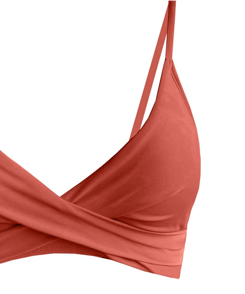Balasami Women's Push Up Sexy V Neck Adjustable Twist Ruched Front Bikini Swimsuit Top Only Rust Red - Image 2